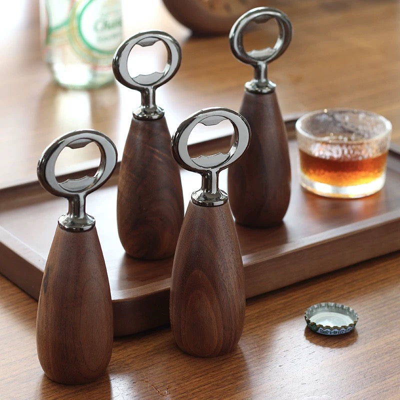 Squishy wooden bottle opener with walnut finish