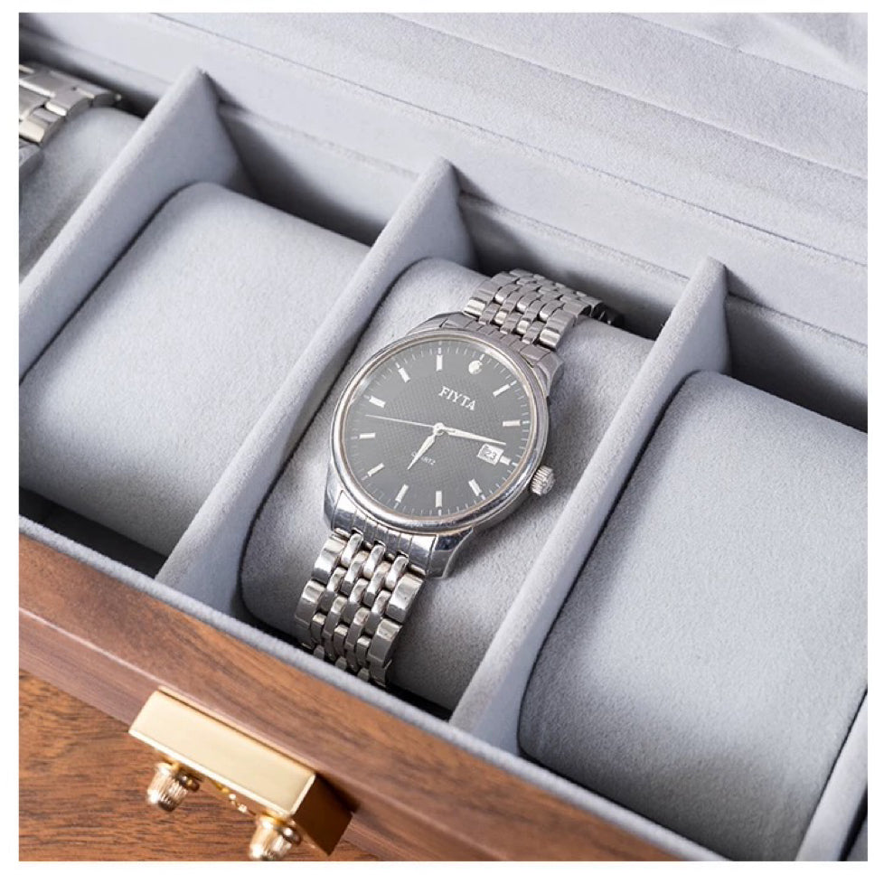 Vera walnut watch collection box on dresser
