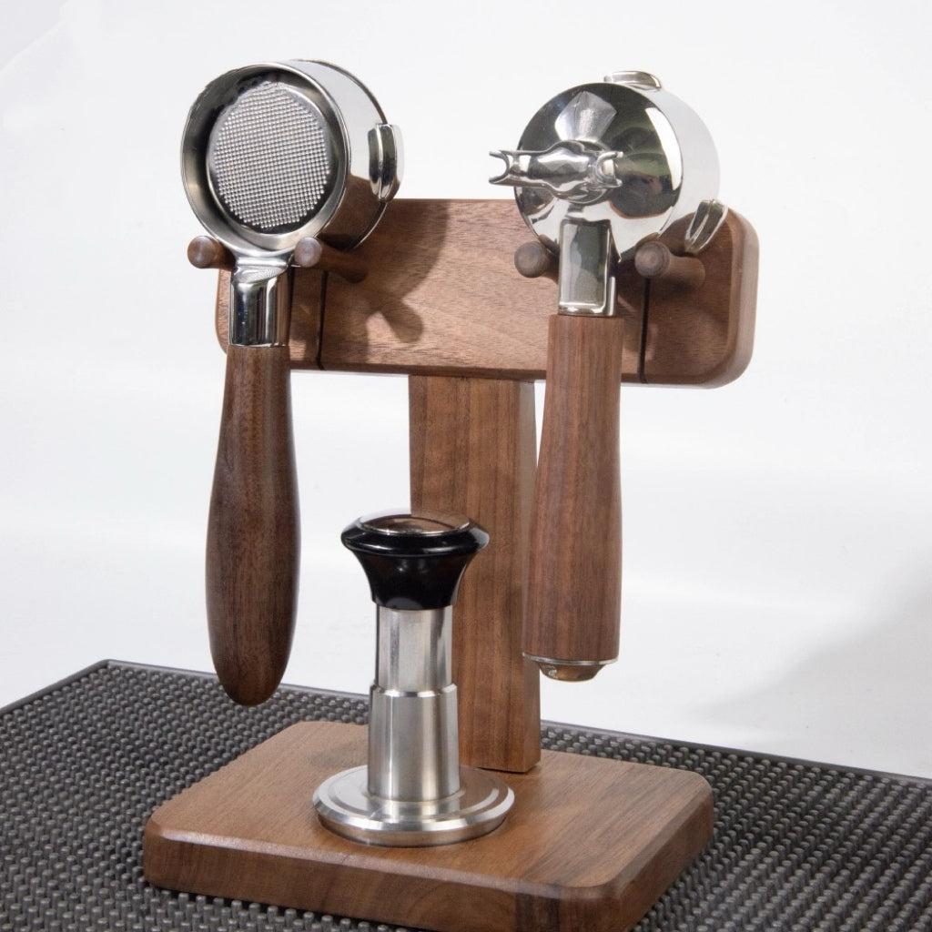 Walnut coffee portafilter stand for espresso machine