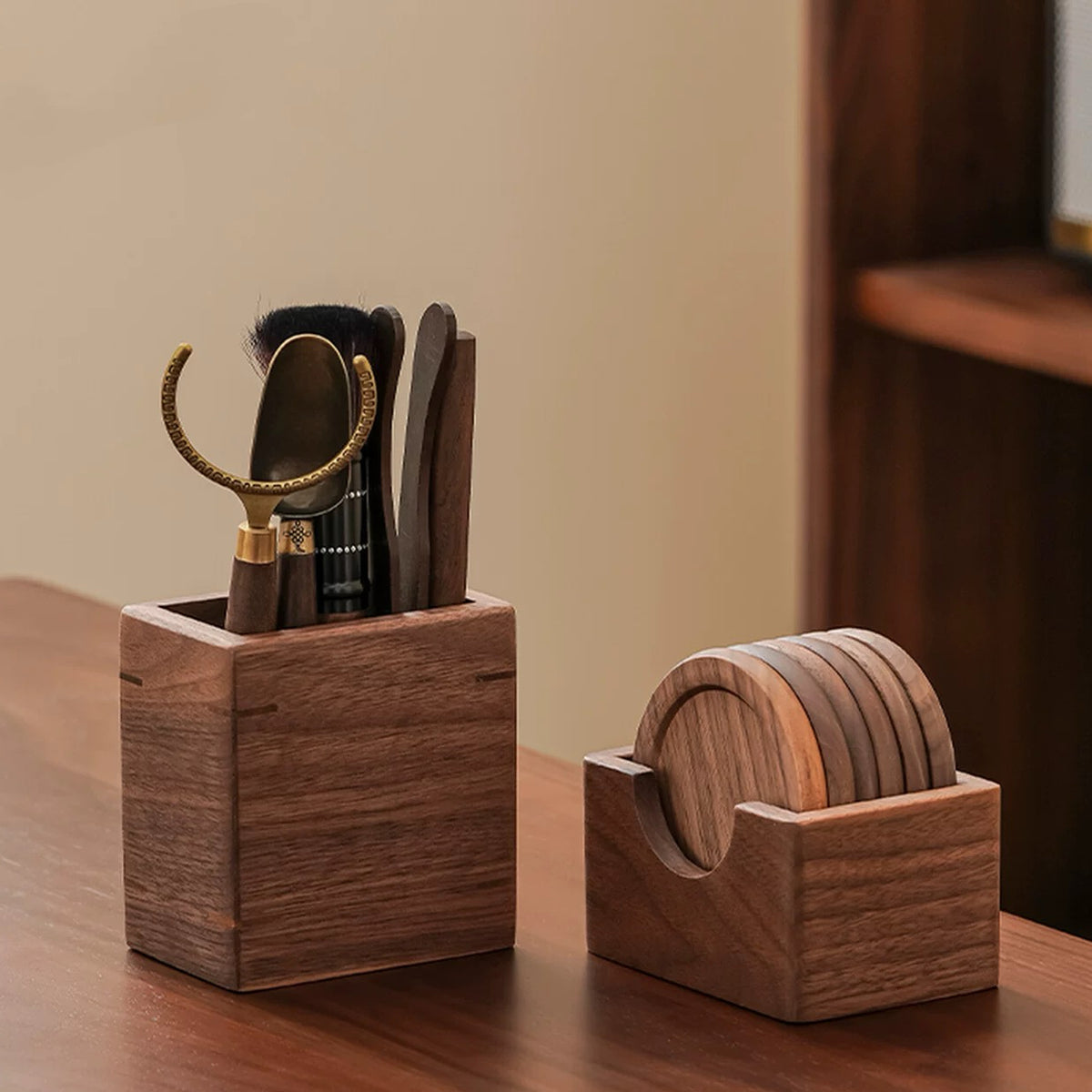 Walnut wood tea ceremony tool set with six pieces