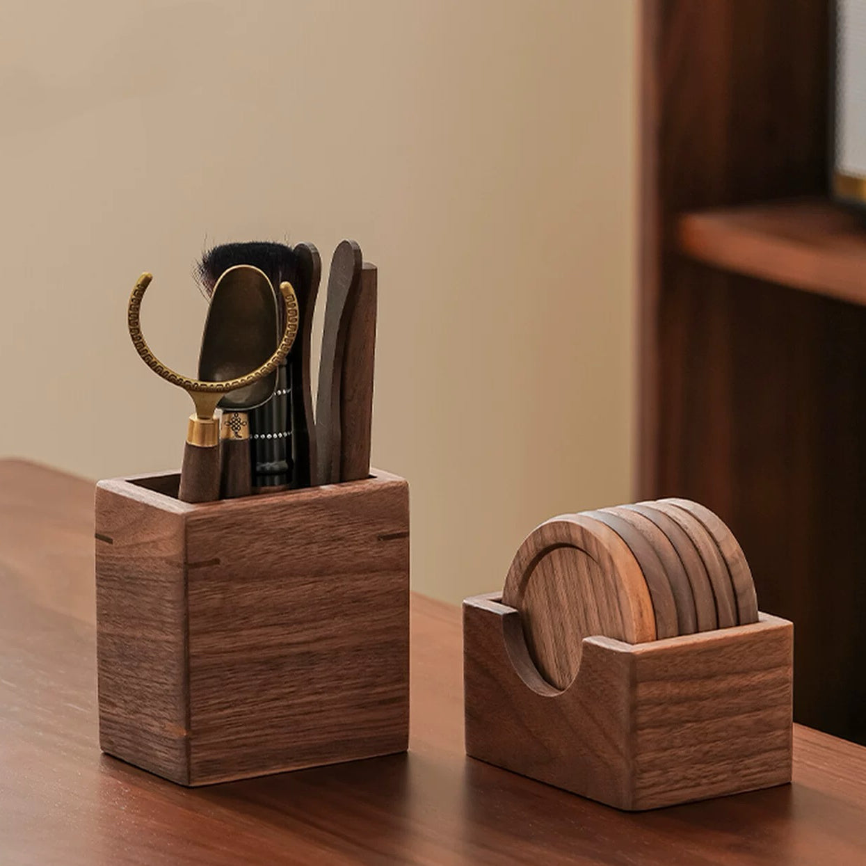 Walnut wood tea ceremony tool set with six pieces