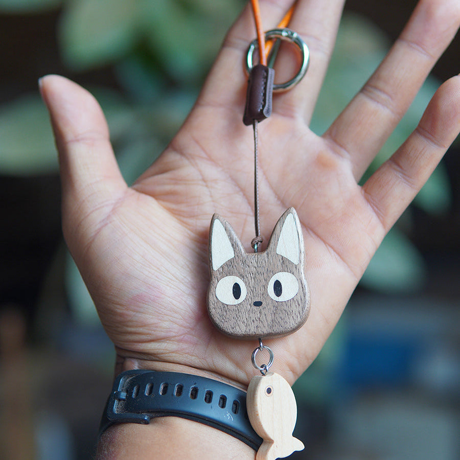 Cute Solid Wood Cat & Fish Keychains, Perfect for Gift | Walnut