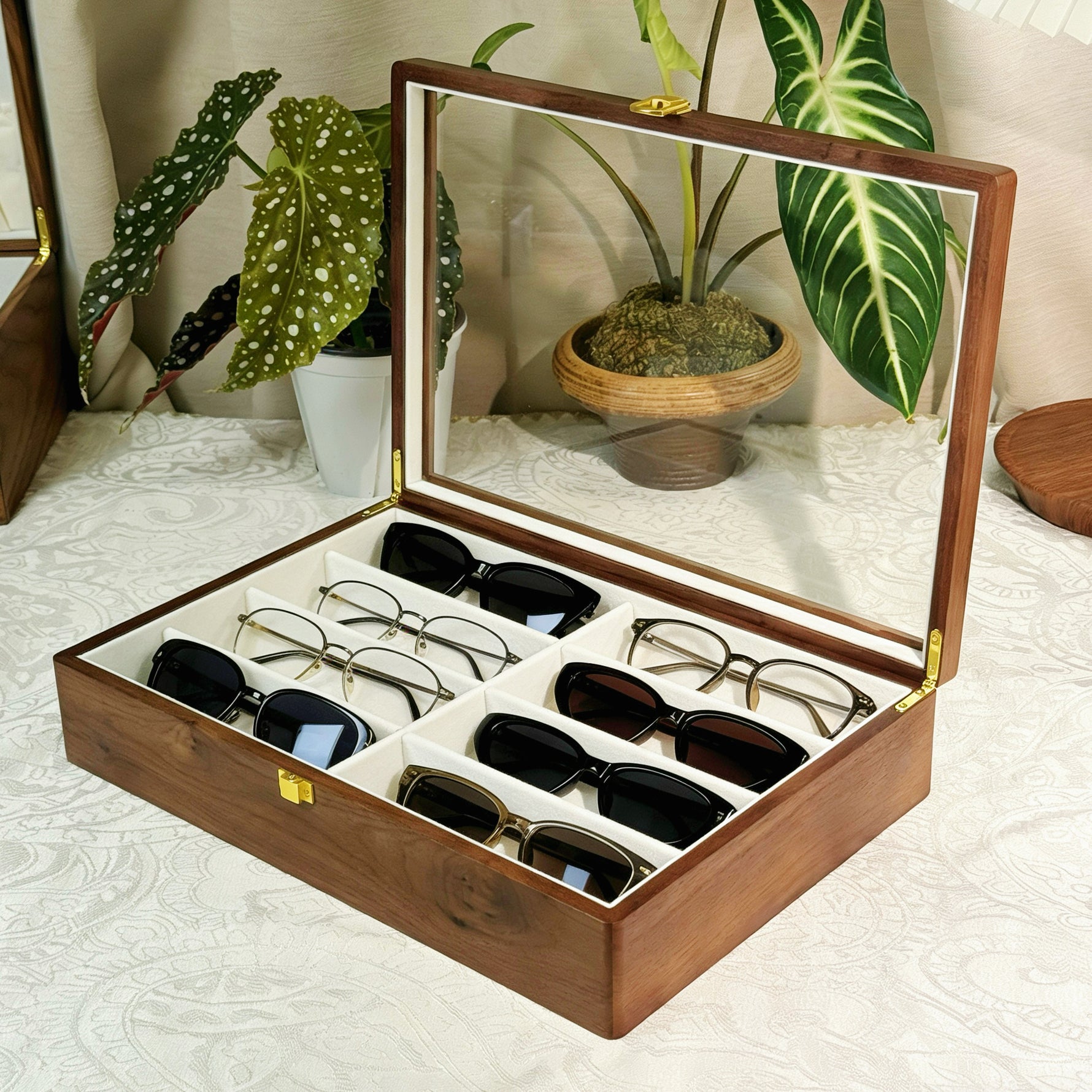 sonnenbrillen aufbewahrung Luxuriöser Sonnenbrillen-Organizer aus Massivholz mit Glasdeckel