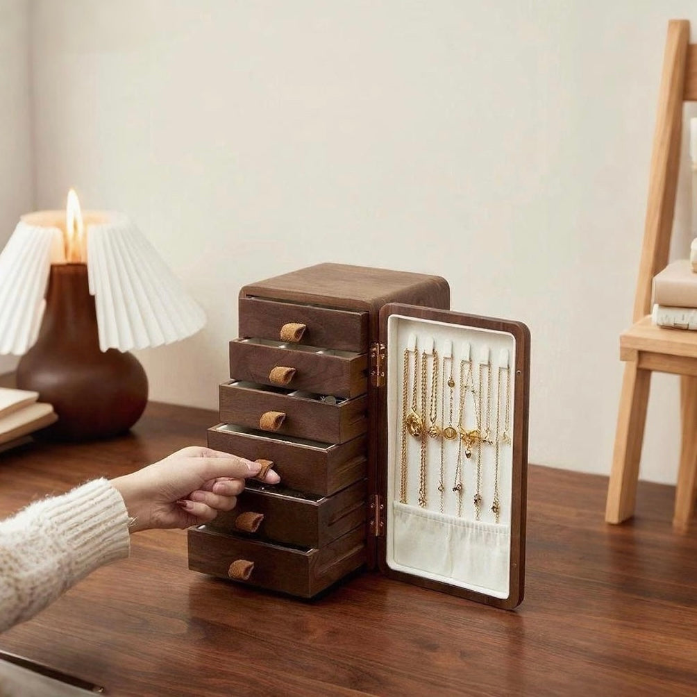 Luxury 6-Drawer Walnut Jewelry Organizer Box with Cat Playing Ball