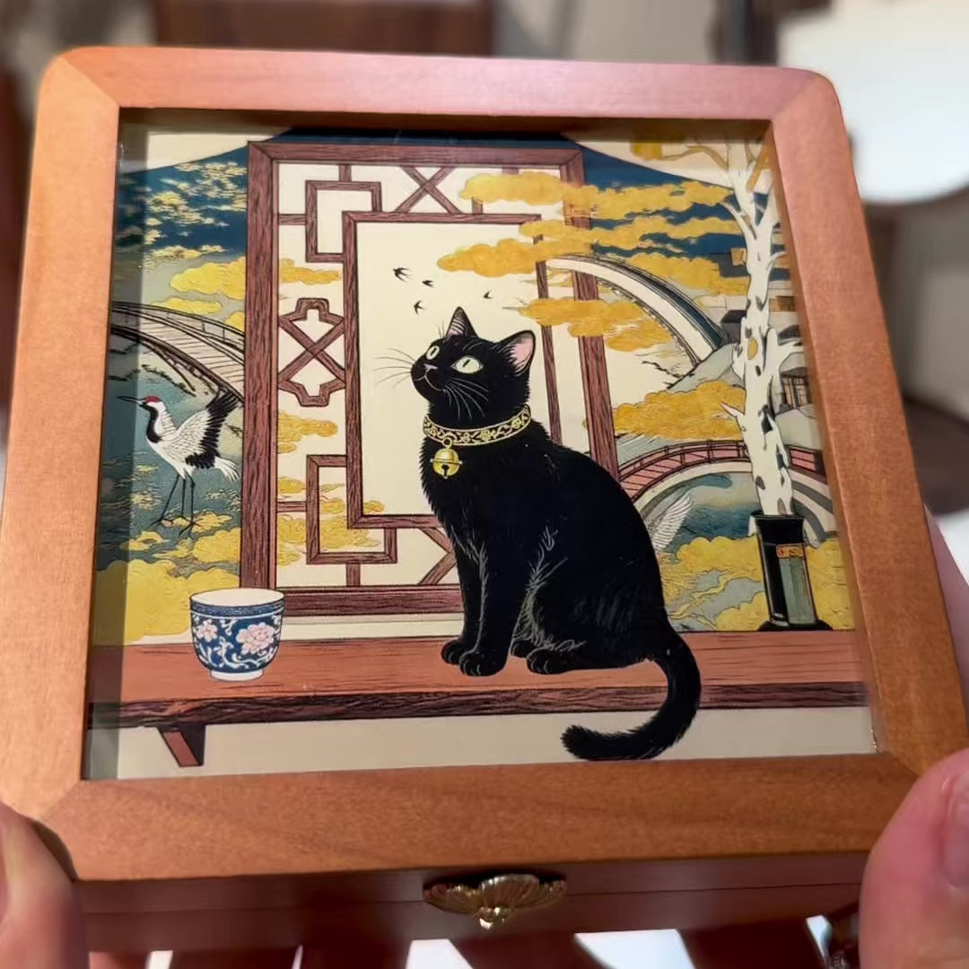 Caja de joyas sólida de cerezo Merrin con tapa de vidrio artístico creativo