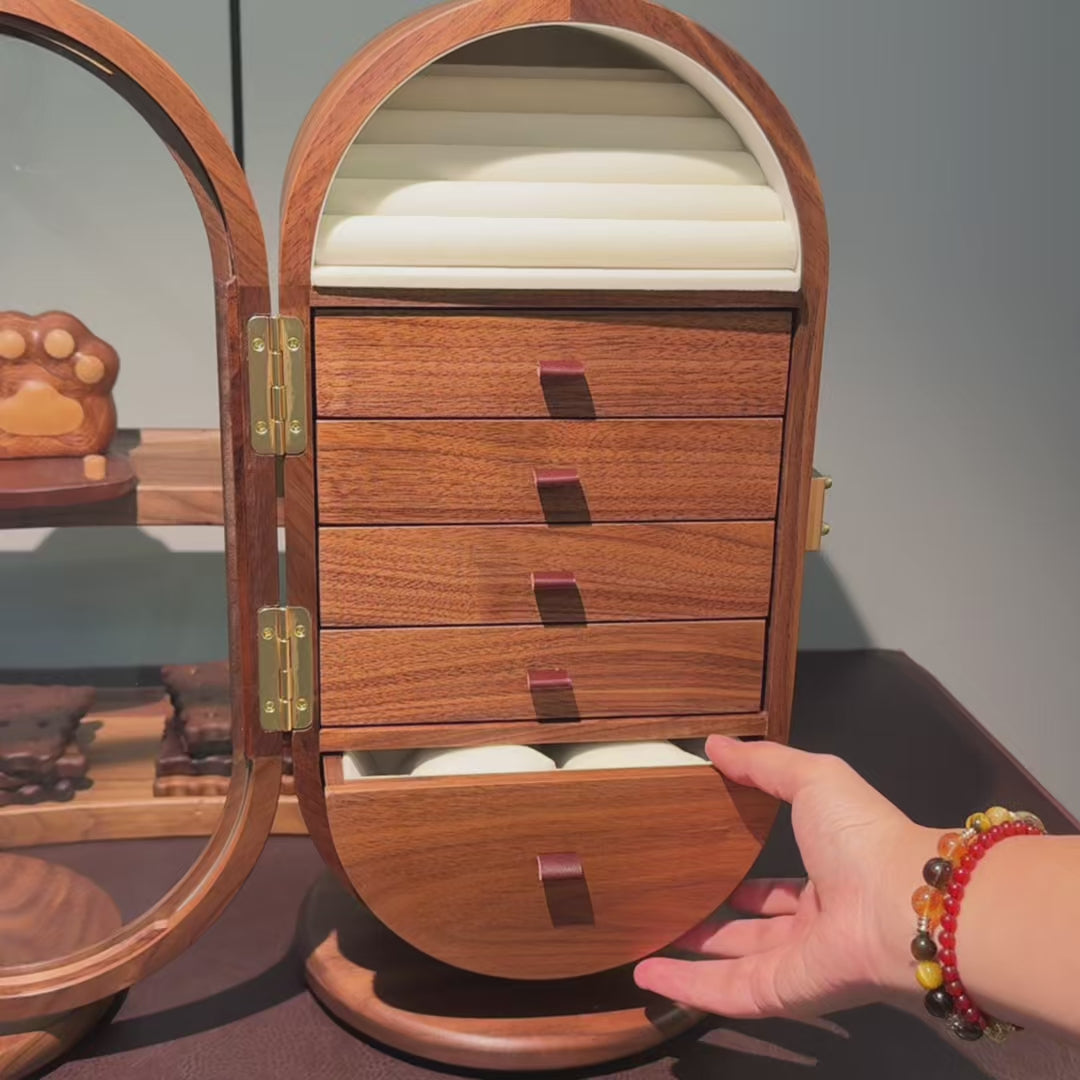 Solenne 360° drehbarer Schmuckschrank aus Walnussholz mit Kosmetikspiegel