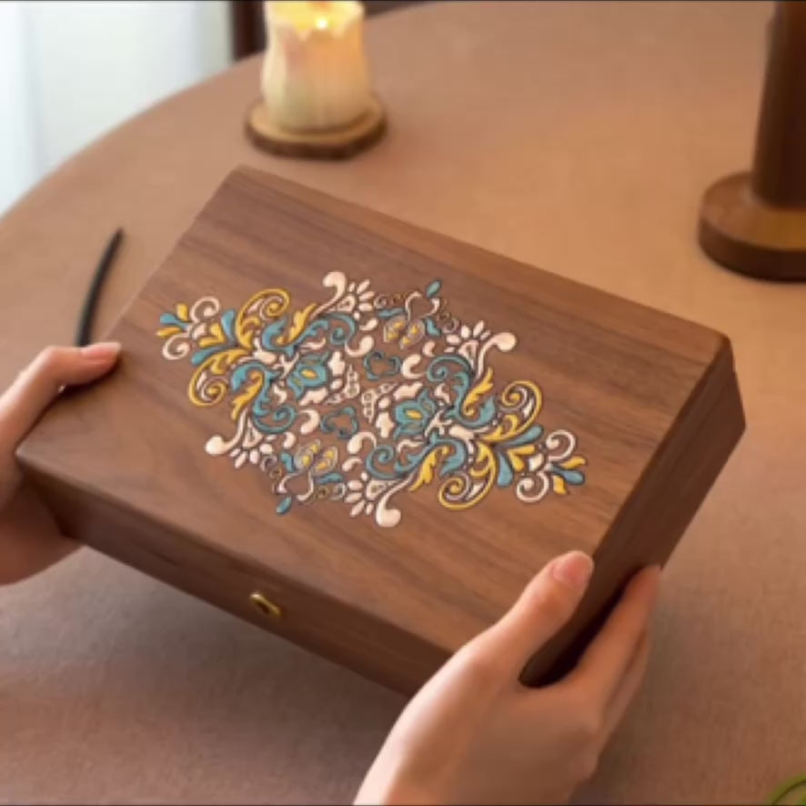 Artistic Painted Lockable Walnut Jewelry Box